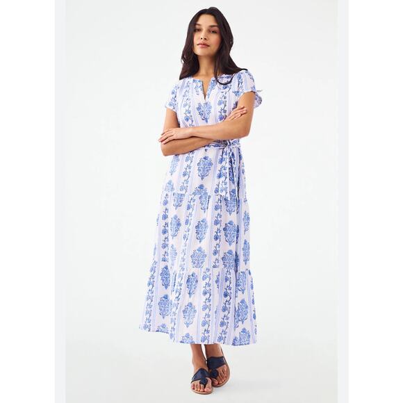 Roller Rabbit white blue Lily Stripe Pamina linen maxi dress sz XS - Picture 1 of 9